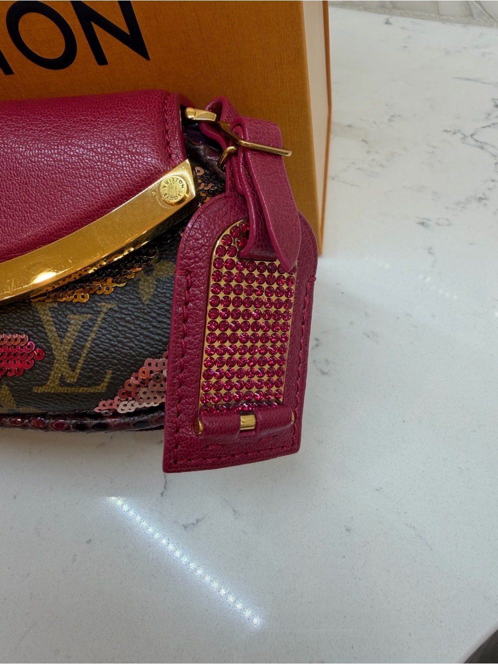Louis Vuitton Magenta pink Sequin-Embellished Monogram Clutch with python Trim. - Picture 3 of 13